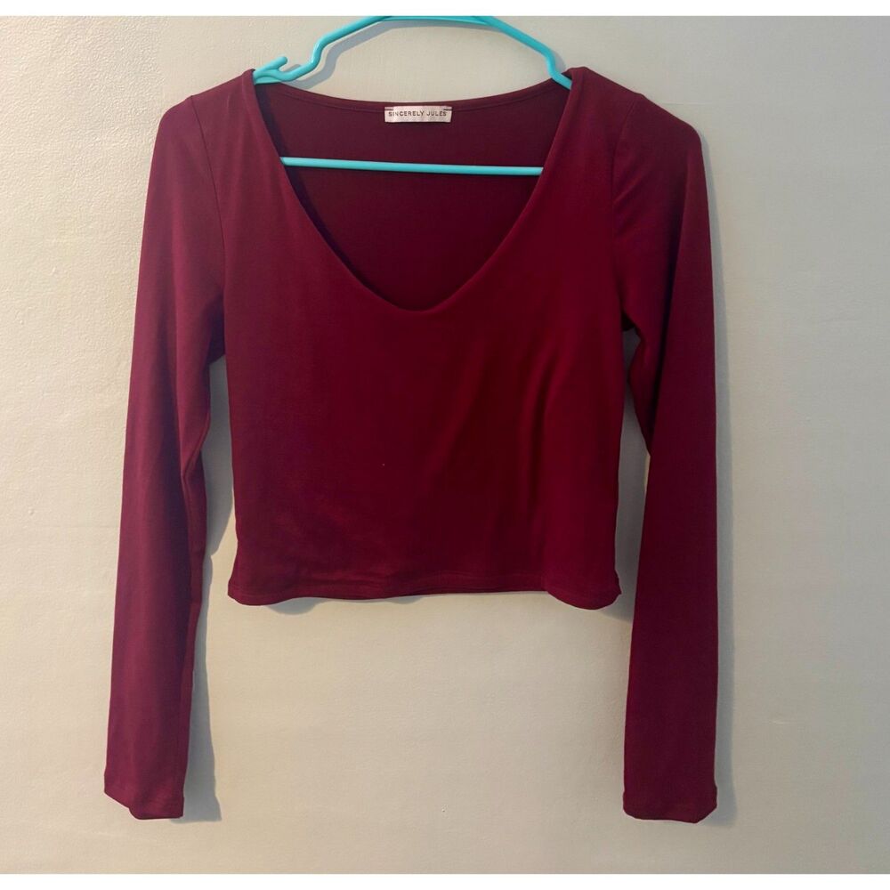 Sincerely Jules Maroon Long Sleeve Cropped Top Womens Shirt Stylish Casual